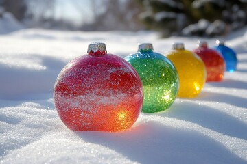 Wall Mural - colorful christmas balls are lying on the snow in winter