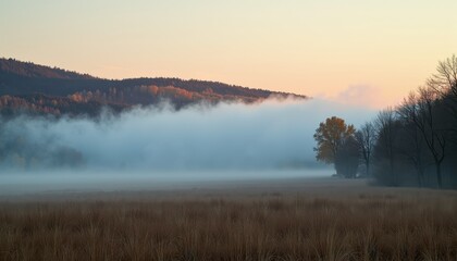  Misty Autumn Morning Over Grassy Field with Golden Skies and Silhouetted Trees Against Majestic Mountains