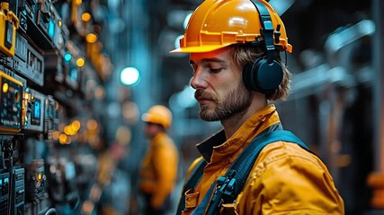 Poster - Worker in safety gear focused on control panel while wearing headphones in industrial setting