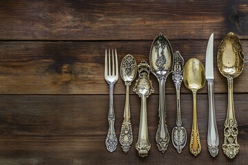vintage cutlery set on wooden table