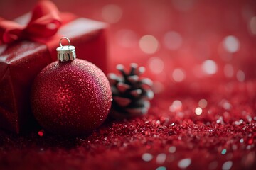 Wall Mural - red christmas ball, gift and pine cone resting on sparkling red background