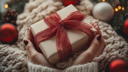 Wall Mural - Womans hands in a cozy sweater hold a craft paper gift box with a red ribbon bow over a scarf, Christmas tree balls, and handicraft tools on a white background, a festive holiday scene