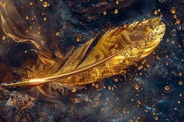Poster - Golden feather floats on dark water with golden bubbles, illuminated by a soft, ethereal light