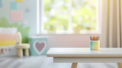 Wall Mural - a table with a cup of colored pencils on it