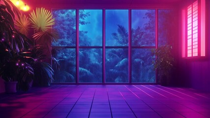 modern interior with neon lights and window displaying lush jungle view seamless looping overlay 4k virtual video animation background