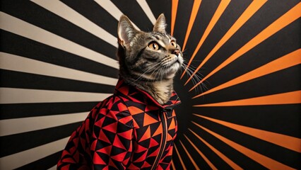 Wall Mural - a cat in a jacket on a striped background