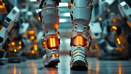 Poster - a futuristic lab featuring advanced exoskeletons for improved mobility and strength