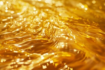 Poster - Golden liquid surface creating wavy texture, illuminated with soft bokeh effect