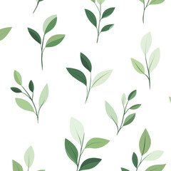 Aufkleber - A repeating pattern of stylized green leaves and sprigs on a black background showcasing a botanical design.