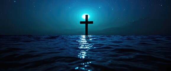 Wall Mural - Night sea, cross, moon, stars, faith, hope