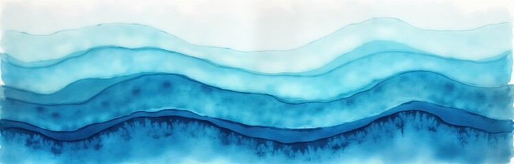 Poster - Abstract watercolor painting shows layered blue, azure tones creating wavy pattern reminiscent of ocean waves. Soft colors, delicate textures evoke sense of calm, depth. Artistic piece used as