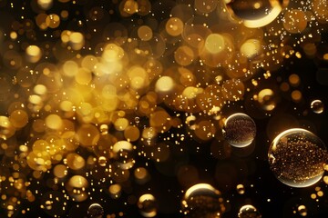 Poster - Abstract golden bokeh background with bubbles floating on a black background, creating a luxurious and festive atmosphere
