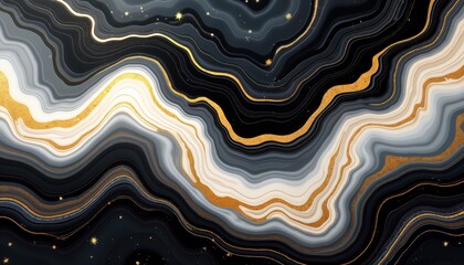 Aufkleber - Abstract fluid marble texture in black white, gold colors. Modern design with wavy lines, flowing patterns. Elegant, luxurious background ideal for banners invitations greeting cards. Artistic
