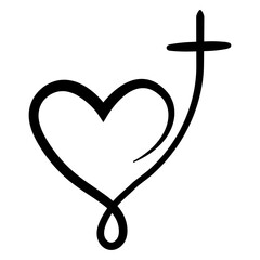 Poster - Black White Heart with Cross Line Art, love faith religion