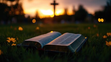 Wall Mural - Open Bible at sunset, cross background, faith