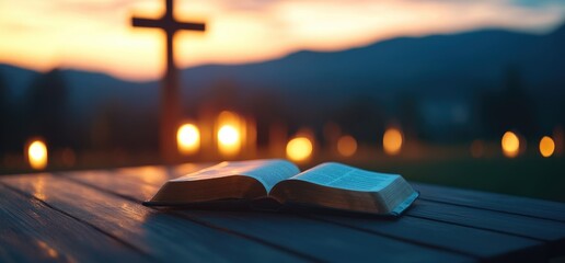 Wall Mural - Open Bible on table, sunset, cross background. Faith concept