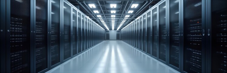 Poster - Modern data center interior shows rows of server racks. Bright fluorescent lights illuminate tech facility. Advanced cooling systems ensure efficiency. Network infrastructure evident. High tech