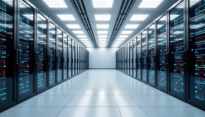 Poster - Modern server room with neatly organized racks, equipment. Soft white lighting creates tech-savvy environment. Rows of server racks visible from aerial view. Organized cabling, tech equipment suggest