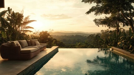 Wall Mural - a couch sitting on top of a pool next to a lush green forest