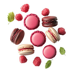 Poster - A visually appealing arrangement of pink and chocolate macarons and fresh raspberries, set against a black backdrop.