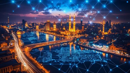 Poster - Cairo, Egypt. A Futuristic Network Of Connections Over Landmark Buildings And Cityscape At Night.