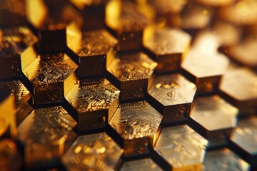 Poster - Abstract golden hexagons creating a futuristic and technological surface, ideal for backgrounds and design projects