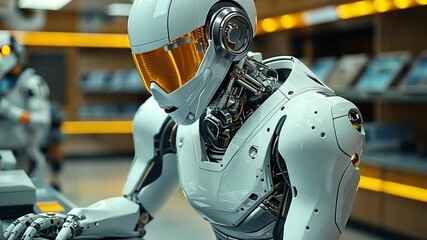 Poster - A humanoid robot interacts with a computer in a futuristic tech store during the day