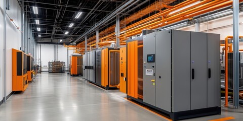 Poster - Industrial Data Center with Orange and Gray Equipment, High-Tech Cooling Systems, and Organized Infrastructure