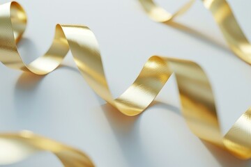 Poster - Golden ribbons curving elegantly on a white background, creating a festive and celebratory atmosphere