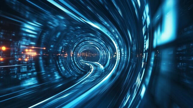 A digital tunnel stretches into the distance, illuminated by vibrant blue lights and intricate patterns. This captivating view creates a sense of movement and depth.