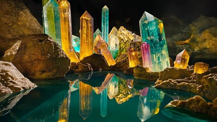 Wall Mural - Vibrant crystal formations reflecting in tranquil water amidst rocky surroundings