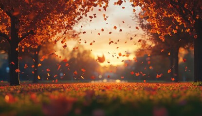 Poster - Autumn sunset with falling leaves.