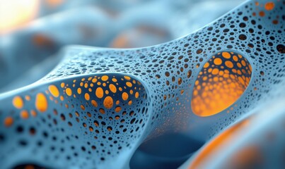 Poster - intricate blue and orange porous structure showcasing organic patterns and textures, resembling a ce