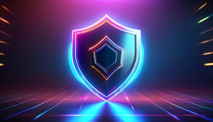 Poster - A vibrant, neon shield icon glows against a dark background, symbolizing protection and security in a digital landscape.