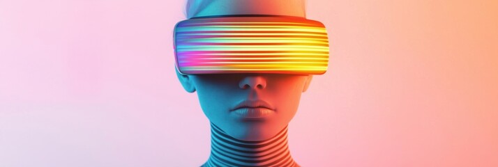 Poster - Futuristic woman with glowing VR headset, vibrant colors, cybernetic features, modern digital art, immersive technology, neon aesthetics