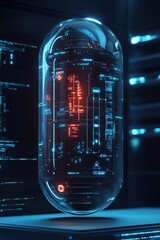 Poster - futuristic holographic capsule displaying advanced technology and data visualization, illuminated wi