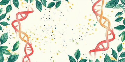 Poster - DNA strands intertwined with vibrant green leaves and colorful splashes, symbolizing the connection between nature and genetics