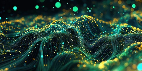 Poster - abstract digital landscape with flowing lines and glowing particles, representing waves of data and 