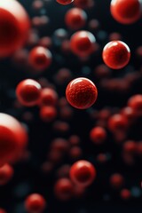 Poster - red spherical cells floating in dark background, showcasing intricate textures and patterns, represe