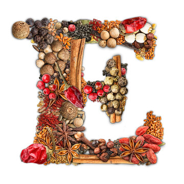 Letter E made of spices