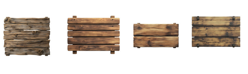 Poster - A collection of four different rustic wooden planks, ideal for signage or design elements, shown against a black background.