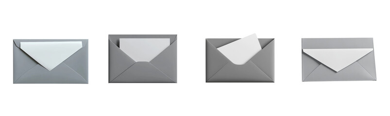Aufkleber - Four grey envelopes are shown with white paper inserts in various states of being inserted to illustrate different stages.