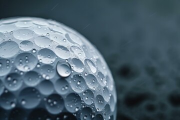 Poster - Close up of wet golf ball glistening with water droplets, creating a textured pattern against a moody backdrop