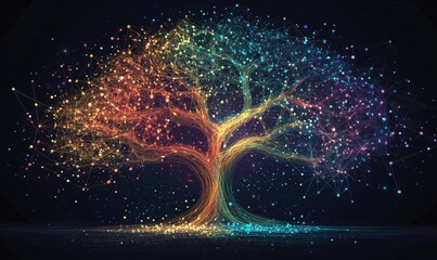 Poster - colorful abstract tree design with vibrant lights and intricate network patterns representing growth