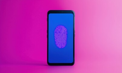 Poster - Fingerprint scanner on smartphone screen with vibrant pink background, showcasing biometric security technology