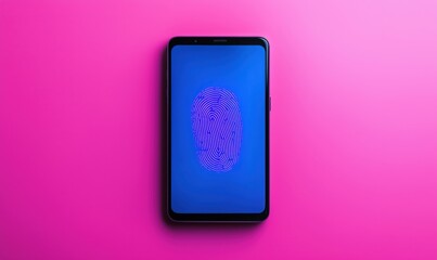 Poster - fingerprint scanner displayed on smartphone screen against vibrant pink background, showcasing moder