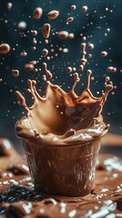 Poster - Chocolate splash captured in mid-air, showcasing dynamic motion and rich texture, with droplets and splashes creating an artistic effect