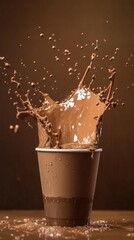 Poster - Chocolate splash from cup creating dynamic liquid art, showcasing rich brown tones and motion in photography