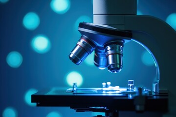 Poster - Microscope under bright lighting with blue bokeh background during laboratory research