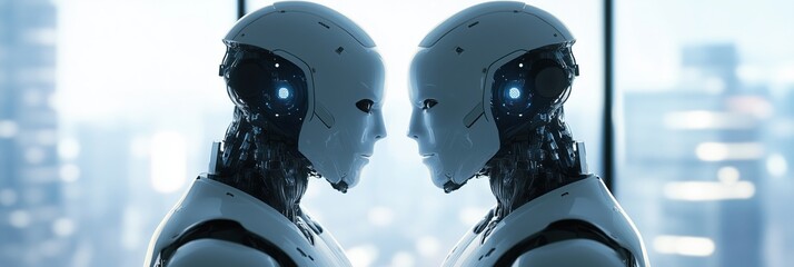 Poster - futuristic humanoid robots facing each other, showcasing advanced technology and artificial intellig